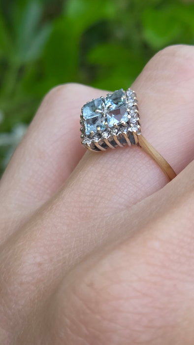 Vintage: 9ct Yellow Gold Blue Topaz & Diamond Cluster Ring — From 1975
