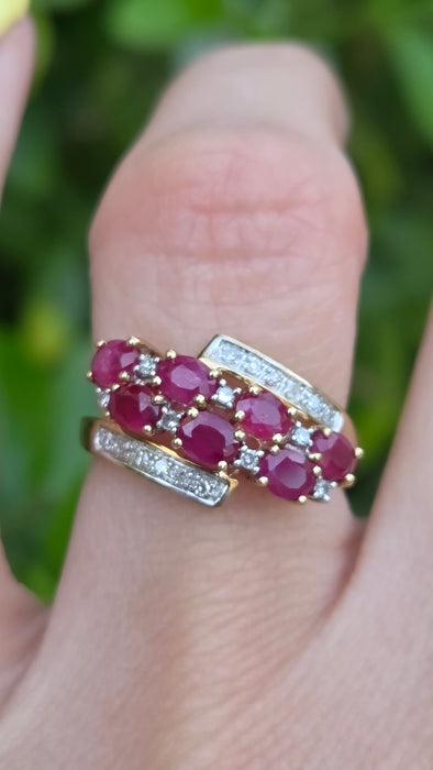 Vintage: 9ct Yellow Gold Ruby & Diamond Crossover Ring