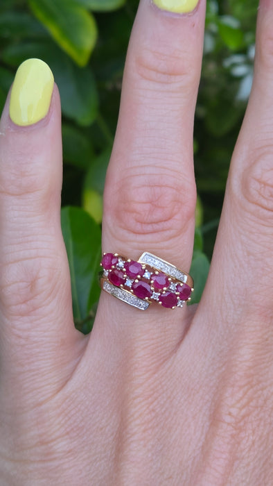 Vintage: 9ct Yellow Gold Ruby & Diamond Crossover Ring