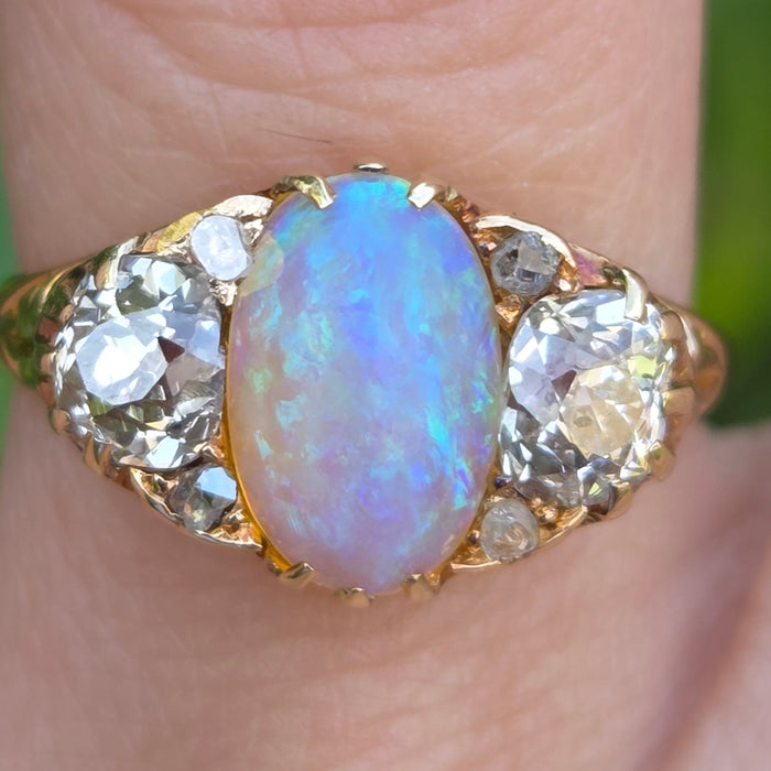 Victorian: 18ct Yellow Gold Opal & Diamond Boat-Head Ring — 1.22ct & 1.36ct