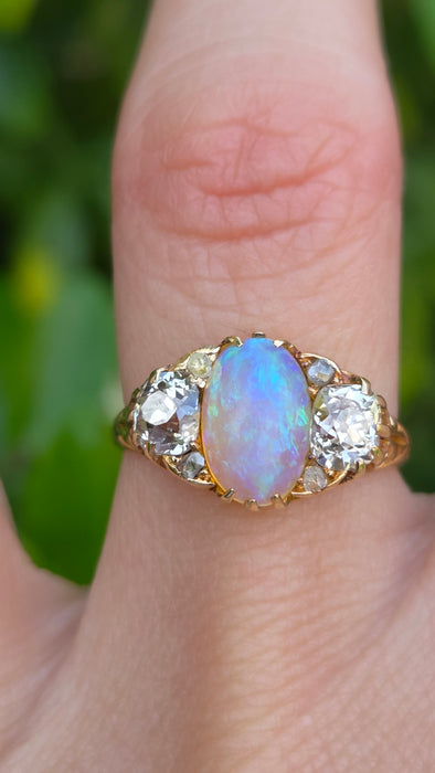 Victorian: 18ct Yellow Gold Opal & Diamond Boat-Head Ring — 1.22ct & 1.36ct