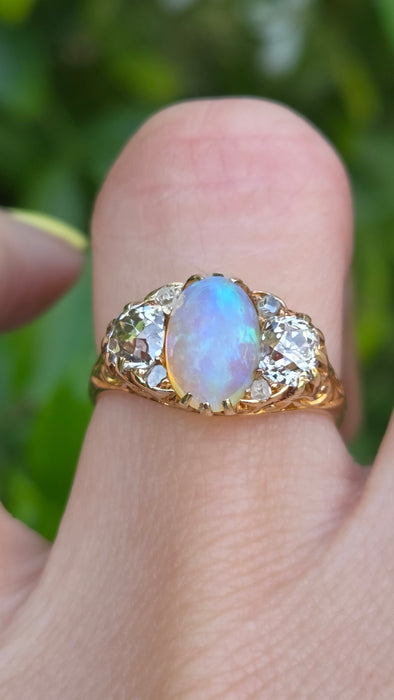 Victorian: 18ct Yellow Gold Opal & Diamond Boat-Head Ring — 1.22ct & 1.36ct