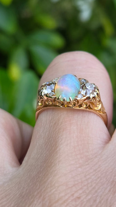 Victorian: 18ct Yellow Gold Opal & Diamond Boat-Head Ring — 1.22ct & 1.36ct