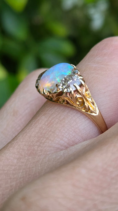 Victorian: 18ct Yellow Gold Opal & Diamond Boat-Head Ring — 1.22ct & 1.36ct