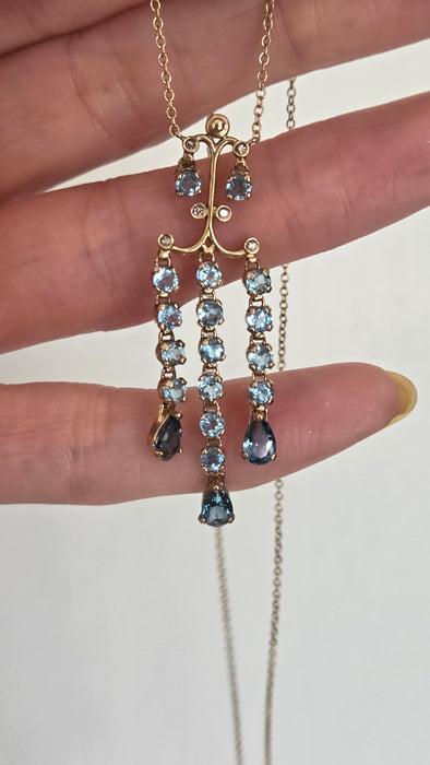 Vintage: 9ct Yellow Gold Blue Topaz & Diamond Triple Strand Chandelier Pendant Necklace