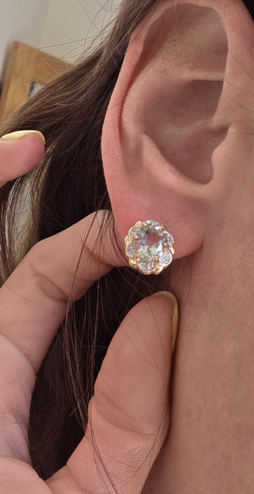 Vintage: 9ct Gold Prasiolite (Green Amethyst) & Diamond Stud Earrings