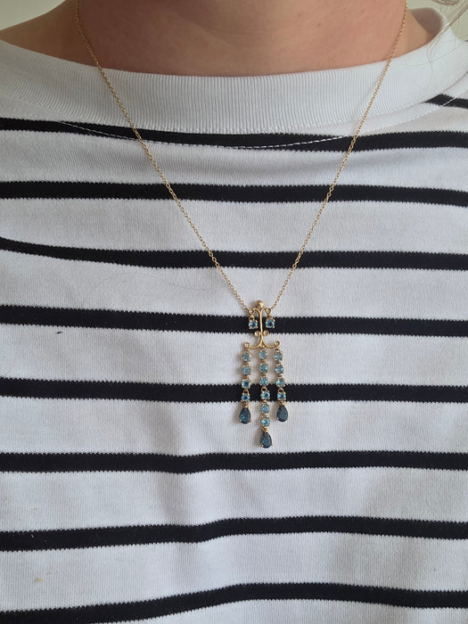 Vintage: 9ct Yellow Gold Blue Topaz & Diamond Triple Strand Chandelier Pendant Necklace