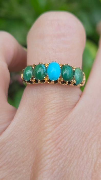 Antique: 18ct Yellow Gold Five Turquoise Half-Hoop Ring