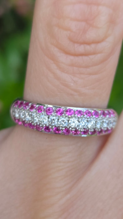 Vintage: 18ct White Gold Pink Ruby & Diamond Half-Eternity Ring
