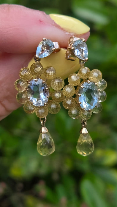 Vintage: 9ct Yellow Gold Aquamarine & Tourmaline Drop Stud Earrings