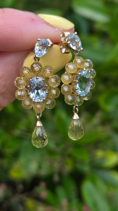Vintage: 9ct Yellow Gold Aquamarine & Tourmaline Drop Stud Earrings