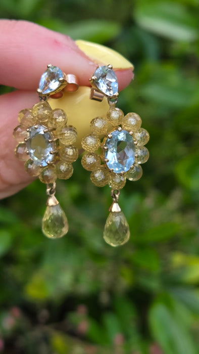 Vintage: 9ct Yellow Gold Aquamarine & Tourmaline Drop Stud Earrings
