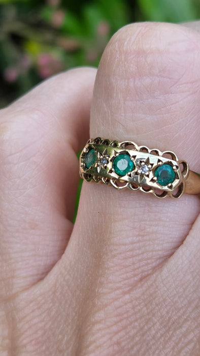 Vintage: 9ct Yellow Gold Emerald & Diamond Ring — From 1994