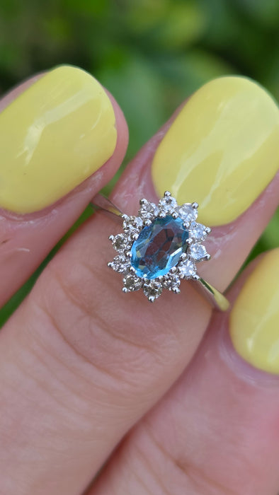 Vintage: 18ct White Gold Aquamarine & Diamond Oval Cluster Ring — From 1977
