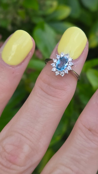 Vintage: 18ct White Gold Aquamarine & Diamond Oval Cluster Ring — From 1977