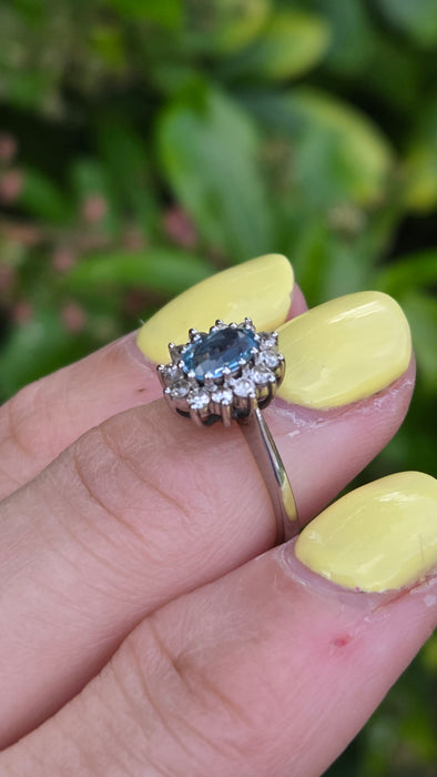 Vintage: 18ct White Gold Aquamarine & Diamond Oval Cluster Ring — From 1977