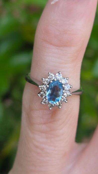 Vintage: 18ct White Gold Aquamarine & Diamond Oval Cluster Ring — From 1977