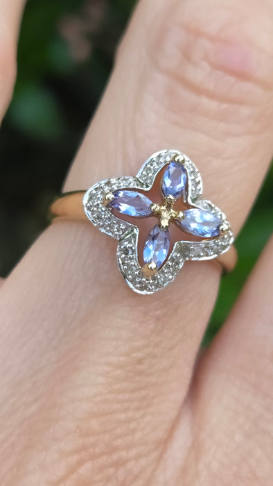 Vintage: 9ct Yellow Gold Tanzanite & Diamond Four-Petal Flower Ring