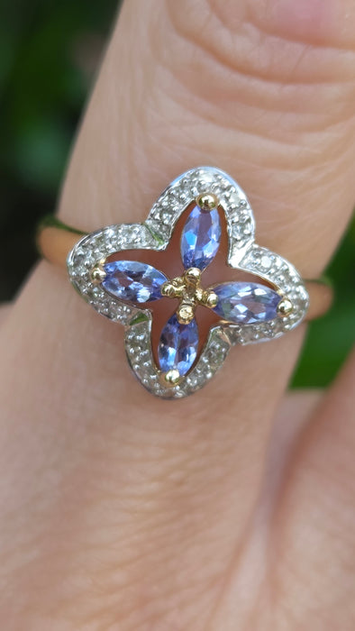 Vintage: 9ct Yellow Gold Tanzanite & Diamond Four-Petal Flower Ring