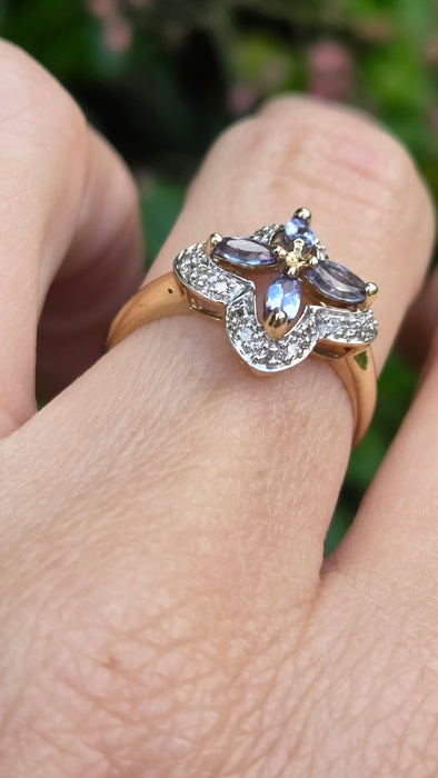 Vintage: 9ct Yellow Gold Tanzanite & Diamond Four-Petal Flower Ring