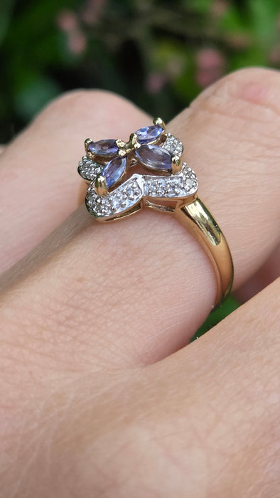 Vintage: 9ct Yellow Gold Tanzanite & Diamond Four-Petal Flower Ring