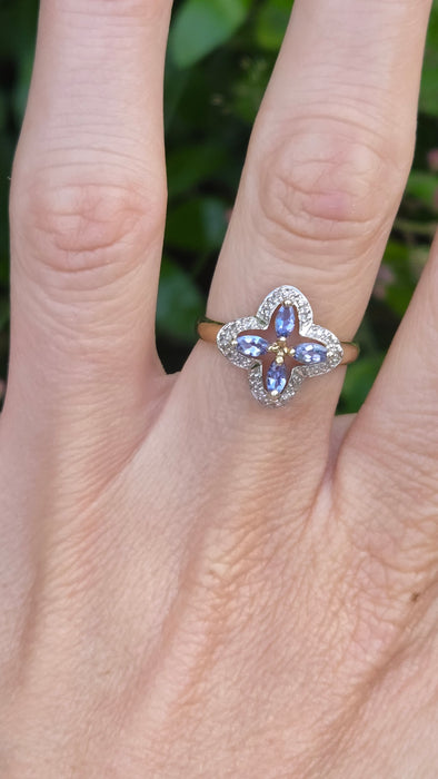 Vintage: 9ct Yellow Gold Tanzanite & Diamond Four-Petal Flower Ring