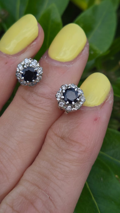 Vintage: 18ct White Gold Sapphire & Diamond Cluster Stud Earrings — From 1982