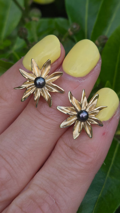 Vintage: 9ct Yellow Gold Tahitian Pearl Starburst Stud Earrings