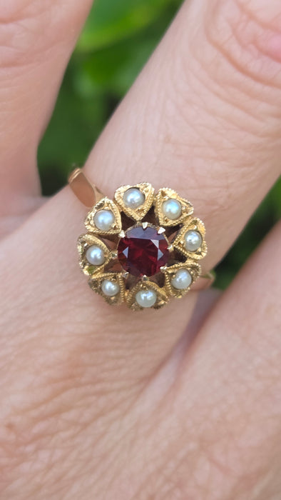 Vintage: 9ct Yellow Gold Garnet & Seed Pearl Cluster Ring — From 1961