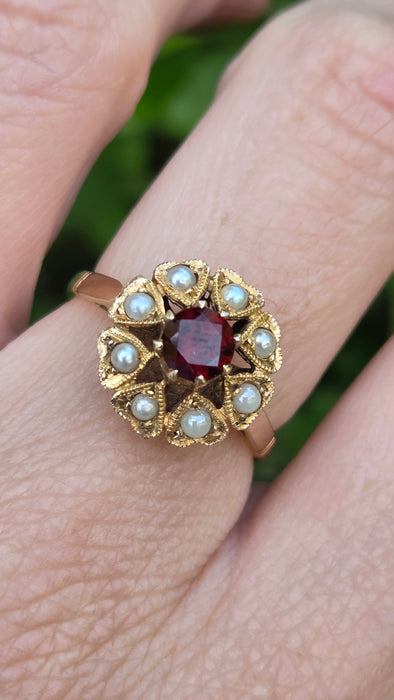 Vintage: 9ct Yellow Gold Garnet & Seed Pearl Cluster Ring — From 1961