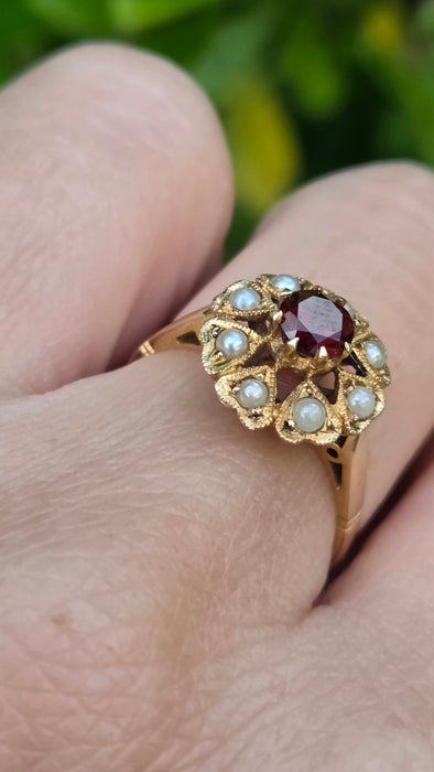 Vintage: 9ct Yellow Gold Garnet & Seed Pearl Cluster Ring — From 1961