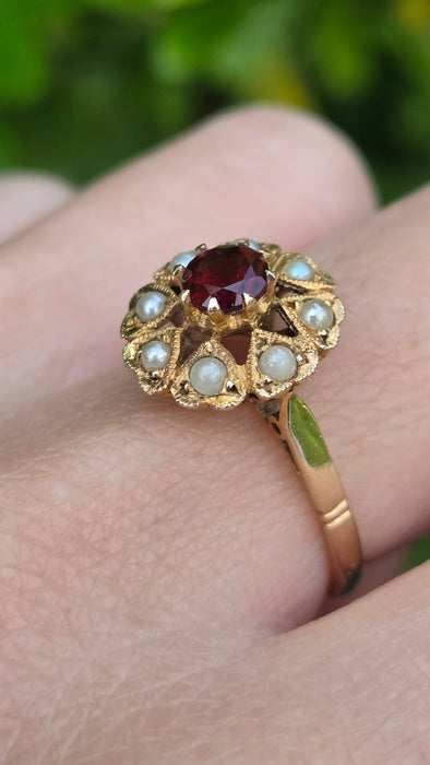 Vintage: 9ct Yellow Gold Garnet & Seed Pearl Cluster Ring — From 1961