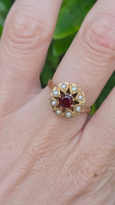Vintage: 9ct Yellow Gold Garnet & Seed Pearl Cluster Ring — From 1961