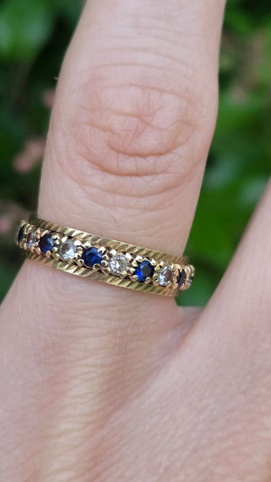 Vintage: 9ct Yellow Gold Sapphire & White Topaz Full Eternity Ring — From 1992