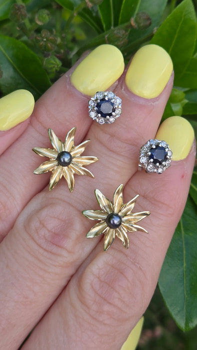 Vintage: 9ct Yellow Gold Tahitian Pearl Starburst Stud Earrings