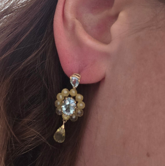 Vintage: 9ct Yellow Gold Aquamarine & Tourmaline Drop Stud Earrings