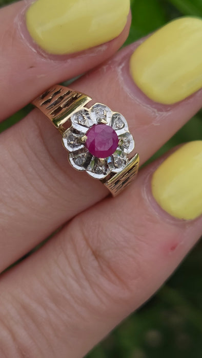 Vintage: 9ct Yellow Gold Ruby & Diamond Art Deco Target-Style Cluster Ring — From 1979