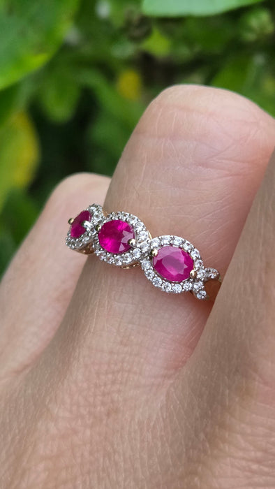Vintage: 9ct Yellow Gold Ruby & Diamond Triple Halo Cluster Ring