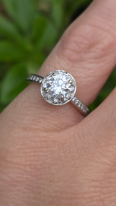 Modern: Platinum Diamond Solitaire (0.70ct) & Halo Cluster Ring — 1.59ct