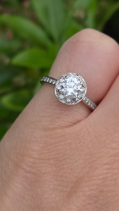 Modern: Platinum Diamond Solitaire (0.70ct) & Halo Cluster Ring — 1.59ct