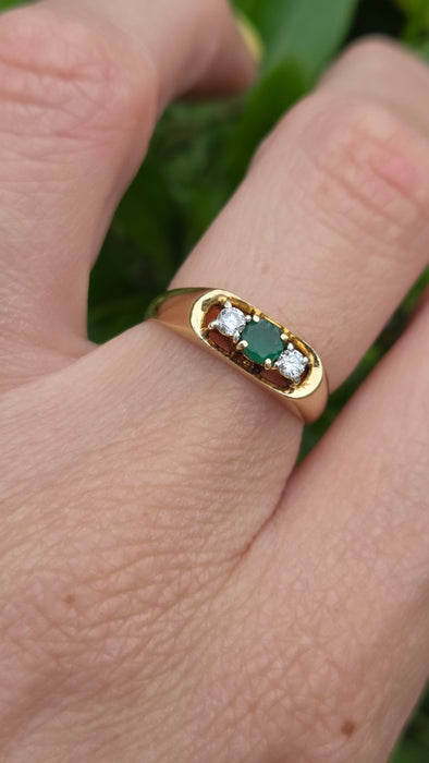 Vintage: 18ct Gold Art Deco Emerald & Diamond Three-Stone Dress Ring