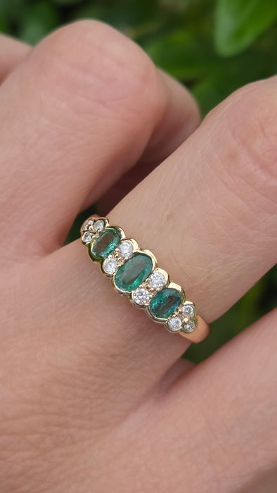 Vintage: 9ct Yellow Gold Emerald & Diamond Half Eternity Ring