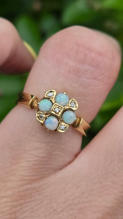 Vintage: 18ct Yellow Gold Opal & Diamond Cluster Ring — From 1971
