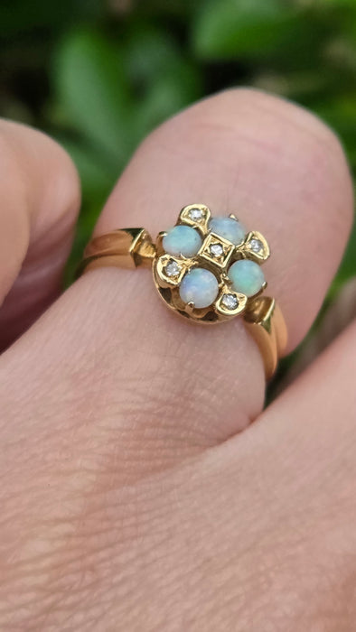 Vintage: 18ct Yellow Gold Opal & Diamond Cluster Ring — From 1971