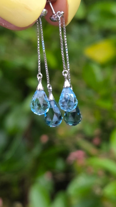 Vintage: 9ct White Gold Blue Topaz Bead & Briolette Drop Stud Earrings
