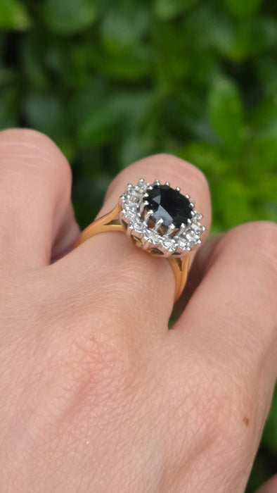 Vintage: 18ct Yellow Gold Sapphire & Diamond Oval Diana  Cluster Ring — From 1982
