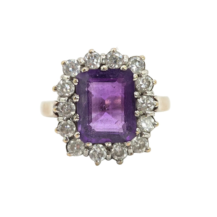 Vintage: 9ct Yellow Gold Amethyst & Simulated Diamond Ring