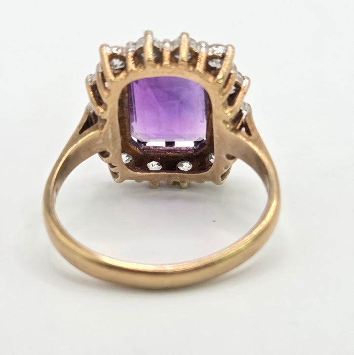 Vintage: 9ct Yellow Gold Amethyst & Simulated Diamond Ring