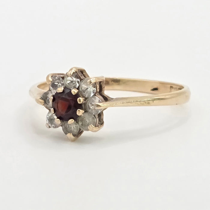 Vintage: 9ct Yellow Gold Garnet & White Spinel Round Cluster Ring — From 1972