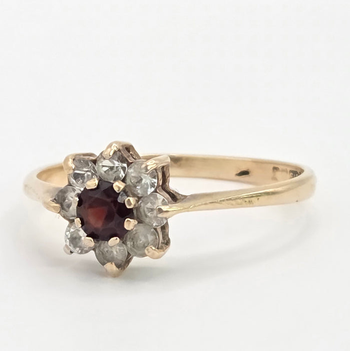 Vintage: 9ct Yellow Gold Garnet & White Spinel Round Cluster Ring — From 1972